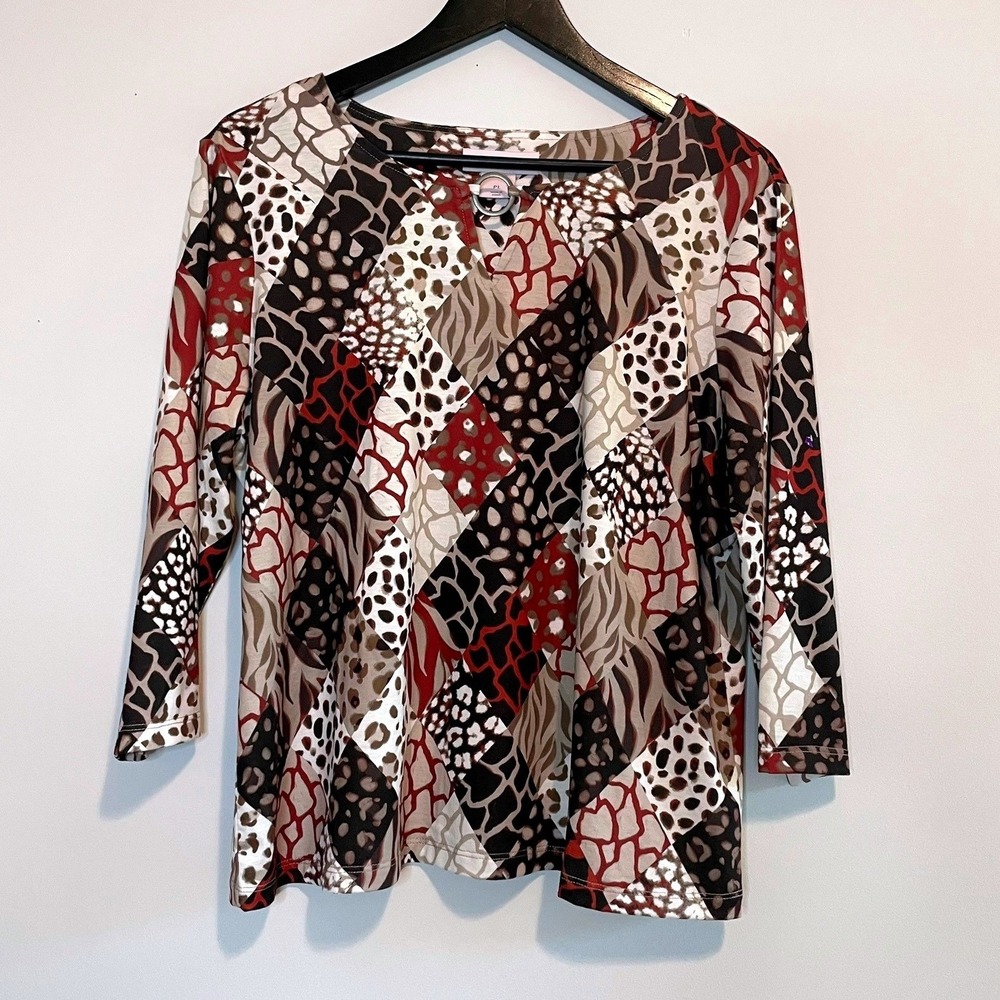Allison Daley Animal Patchwork Print Ring Neck Top Red Espresso Petites L NEW